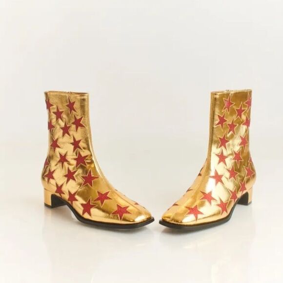 NWOB Jeffrey Campbell On-Mars Star Print Ankle Boots in Gold Red Glitter Sz 5.5 - Picture 2 of 13